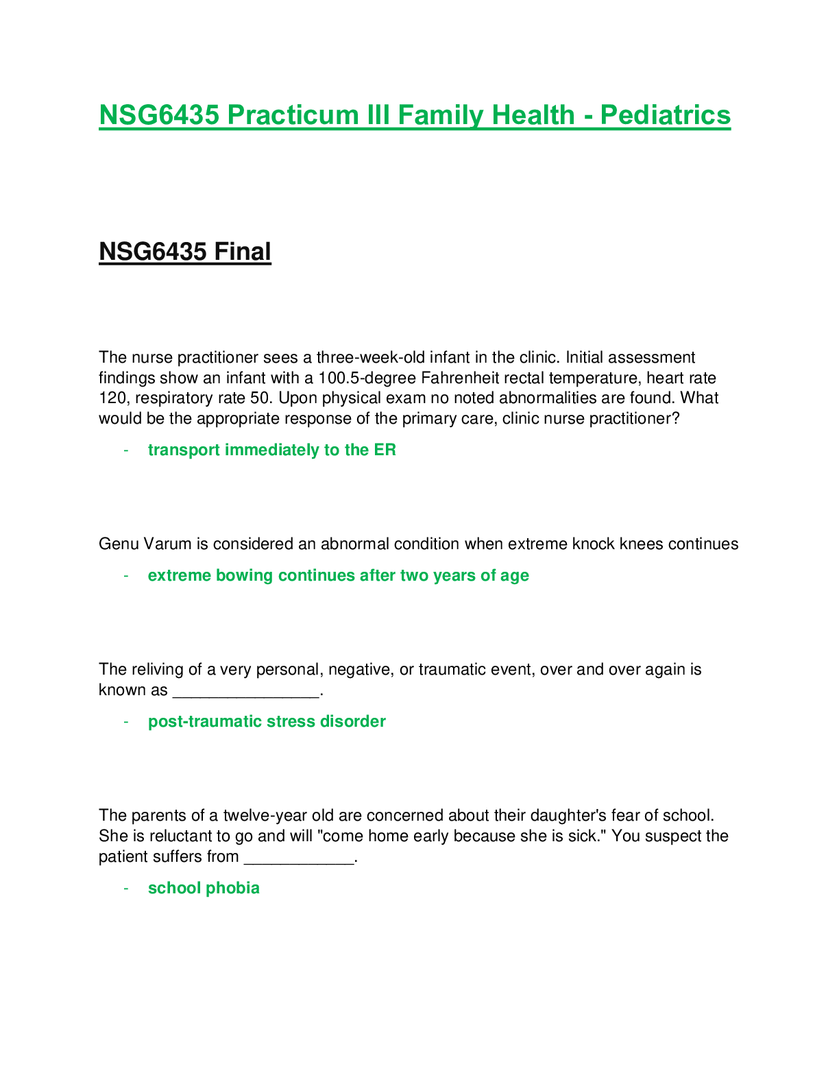 Preview of NSG6435 / NSG 6435: Practicum III Family Health - Pediatrics Final Exam Latest 2020 / 2021